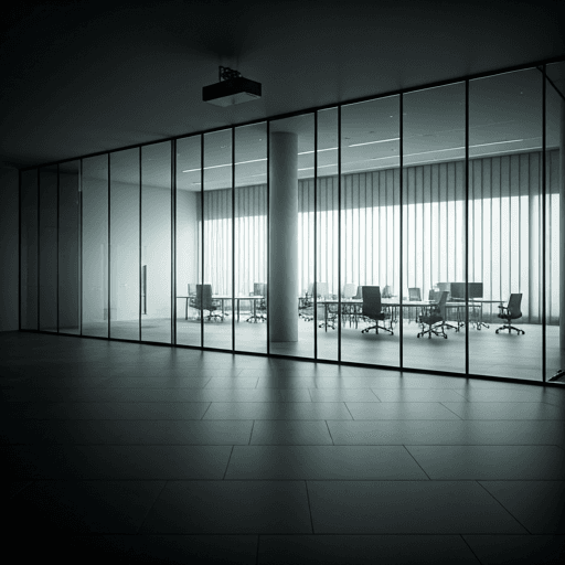 A modern corporate office lobby with floor-to-ceiling glass and polished stone floors.