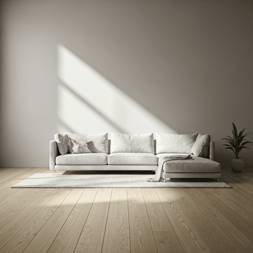 A bright minimalist living room with a soft gray sofa and natural light, professionally cleaned.